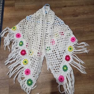 Vintage Crochet Shawl White Multicolor Granny Squares Fringe Made in Korea